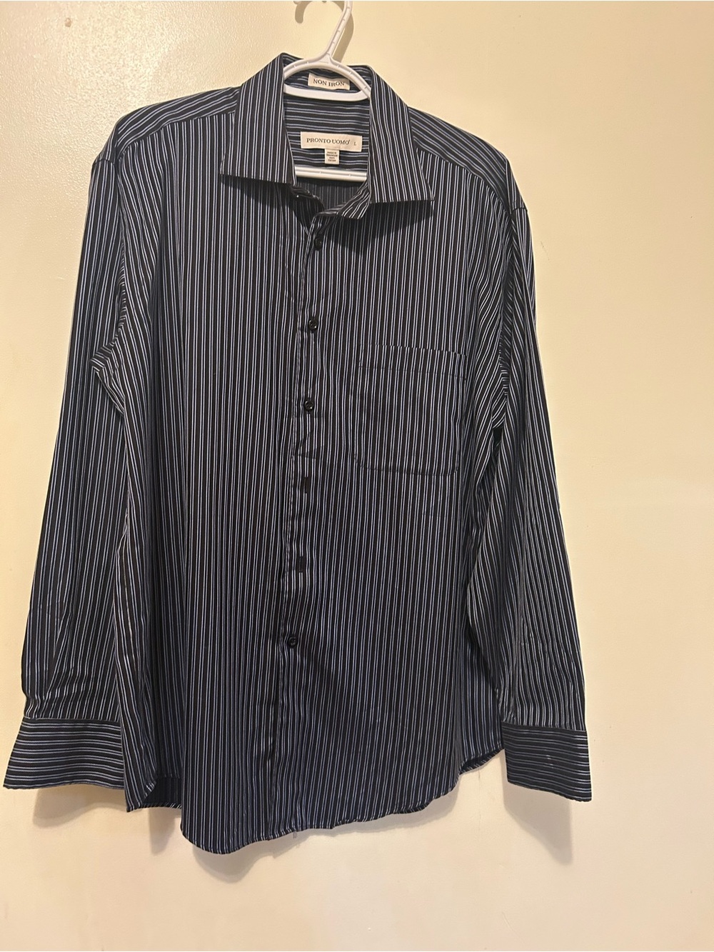 Pronto Uomo No Iron Blue and White Striped Long-Sleeve Dress Shirt Sz L Cotton